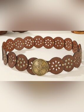 Women’s Brown Leather Floral Cutout Belt with Ornate Gold Medallion